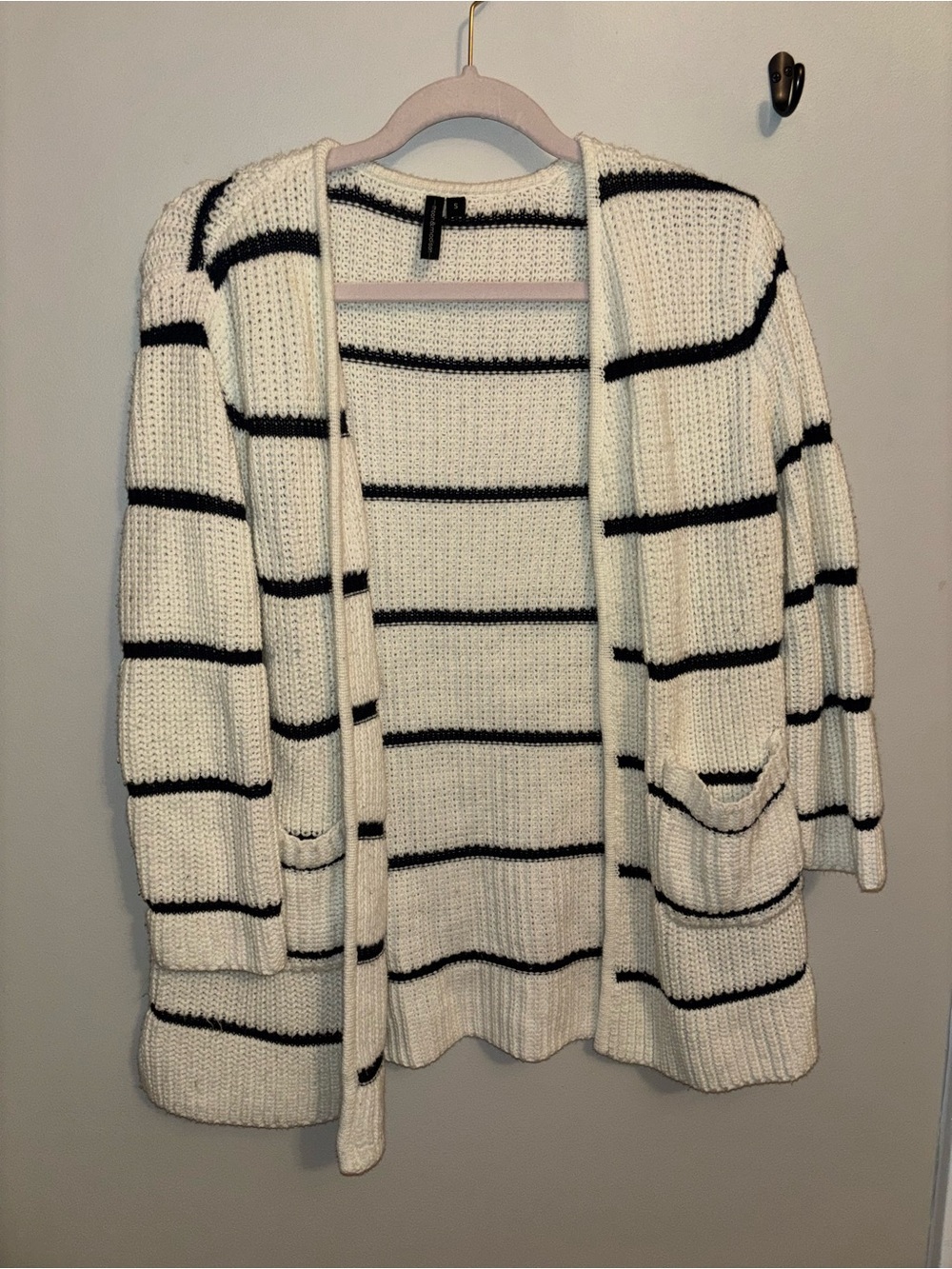 moon & madison Cream and Black Striped Open-Front Cardigan